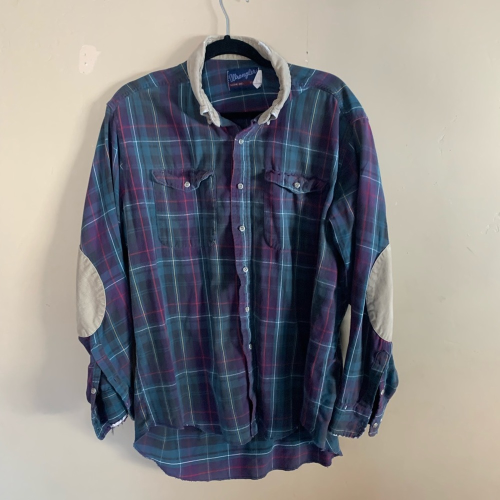 Men’s Large, vintage flannel wrangler with corduroy collar and elbow pads